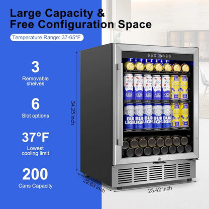 Beverage Refrigerator 24 inch-200 Can Drink Fridge with Glass Door Under Counter/Freestanding Beverage Cooler with Temperature