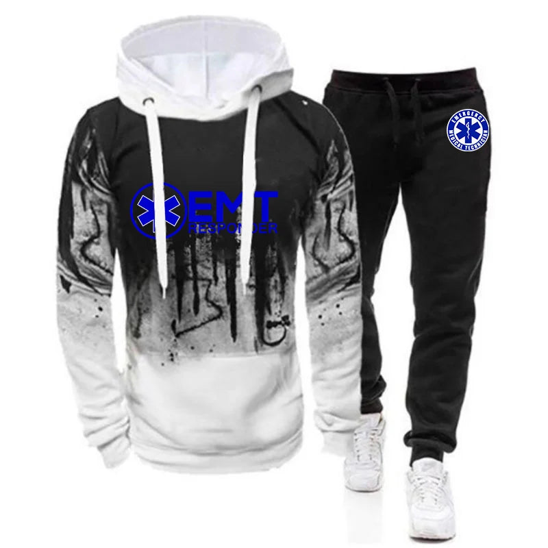 2024 EMT Emergency Ambulance Men New Pullover Hooded Hoodie Tracksuit+Pants Sweatpant Casual Print Harajuku Gradient Color Suits