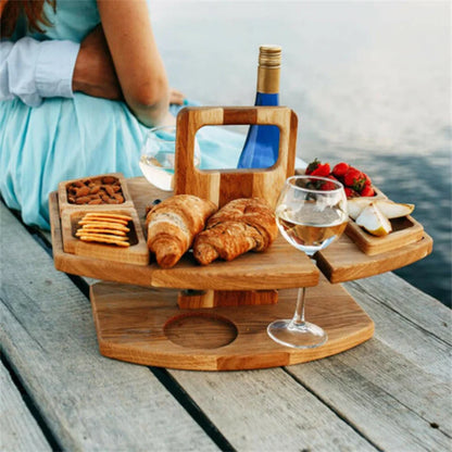 Outdoor Tables Wooden Folding Picnic Table with Glass Holder Round Foldable Desk Wine Glass Rack Collapsible Table Snack Tray