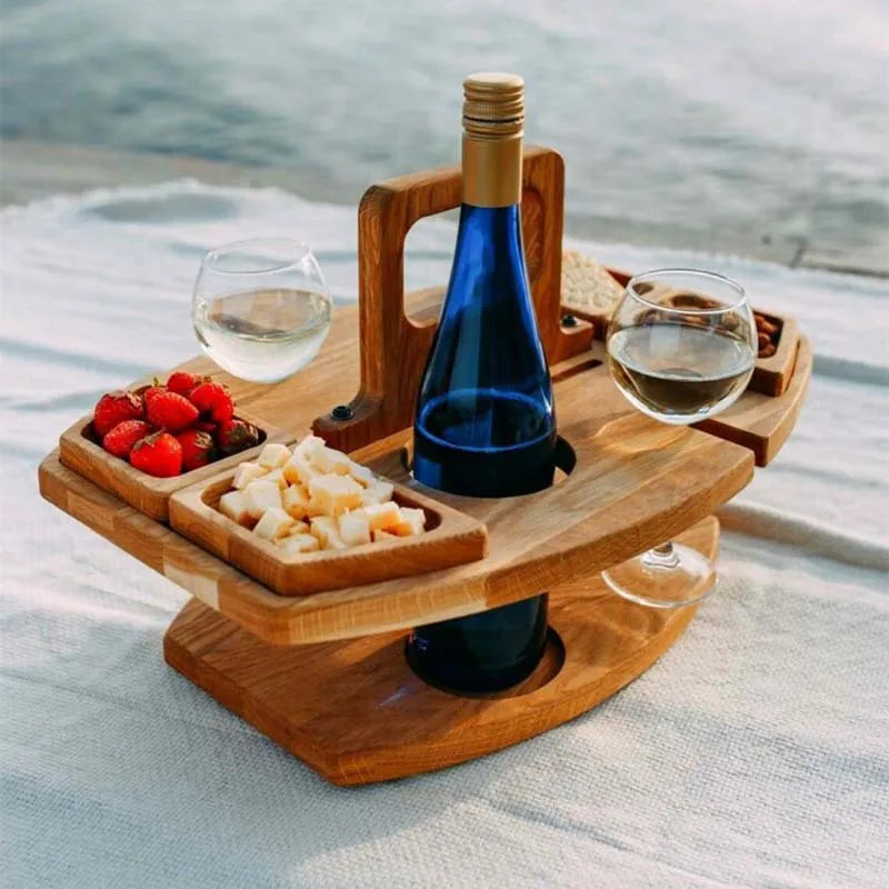 Outdoor Tables Wooden Folding Picnic Table with Glass Holder Round Foldable Desk Wine Glass Rack Collapsible Table Snack Tray