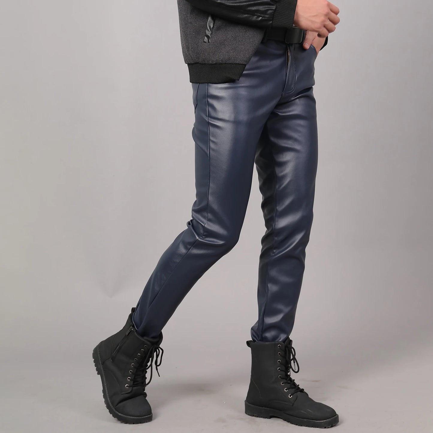 Spring Autumn Men's Leather Pants Skinny Fit Elastic Fashion PU Leather Trousers Punk Cosplay Dance Pants