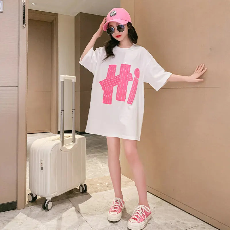 10 12 14 Years Girls Long Tops Short Sleeve Letter Print T-shirt Fashion Casual Teenager Clothing Summer Hot Sales Tees Clothes