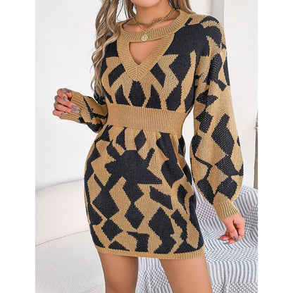 Mia Muse Autumn Winter Women's Dresses V Neck Long Sleeve Irregular Printing Mini Fashion Fitting Slim Knit Dresses