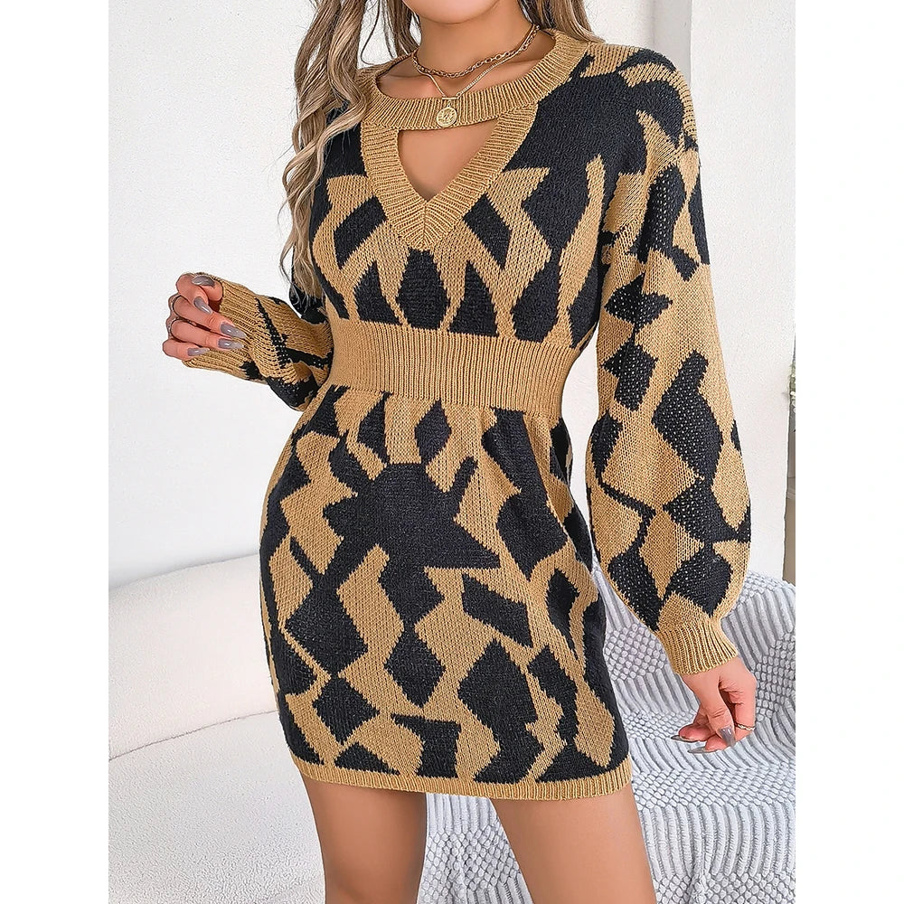 Mia Muse Autumn Winter Women's Dresses V Neck Long Sleeve Irregular Printing Mini Fashion Fitting Slim Knit Dresses