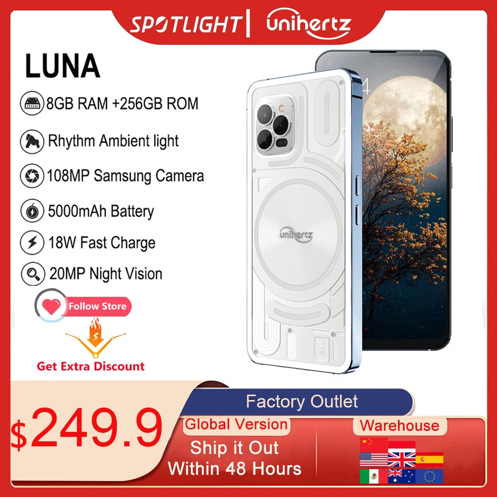 Unihertz Luna Smartphone Rhythm Ambient Light 8GB 256GB 108MP G99 Mobile Phone Night Vision Cellphones