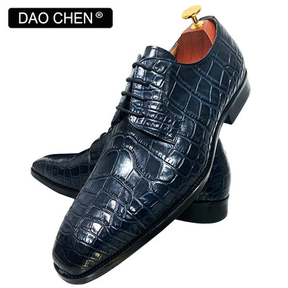 DAOCHEN ITALIAN MEN LEATHER SHOES BLUE BLACK CROCODILE PRINT LACE UP CASUAL DRESS MAN SHOE OFFICE WEDDING SHOES FOR MEN