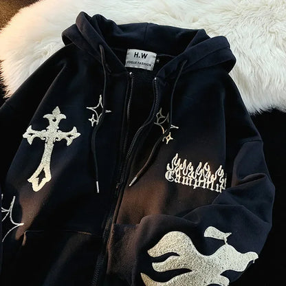 Harajuku Embroidery Sweatshirt Women Oversized Zip-Up Hoodies Gothic Hip Hop Hooded Streetwear Female Hoodie Y2k Full Jacket