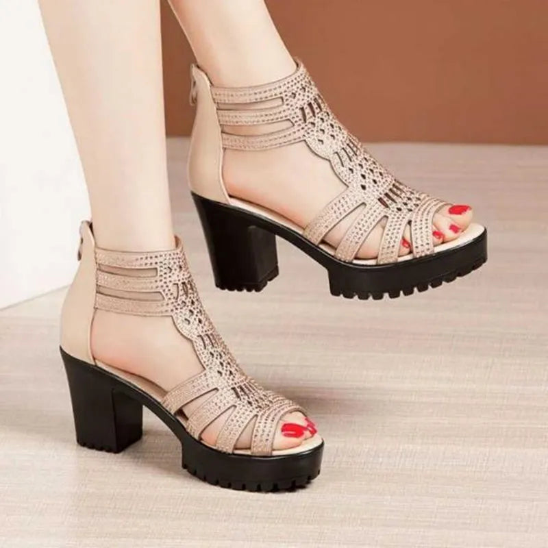 High Heels Gladiator Sandals Woman Open Head Sexy Black Rivet Block Heel Platform Shoes Summer Back Zip Size 35-40 Women Sandals