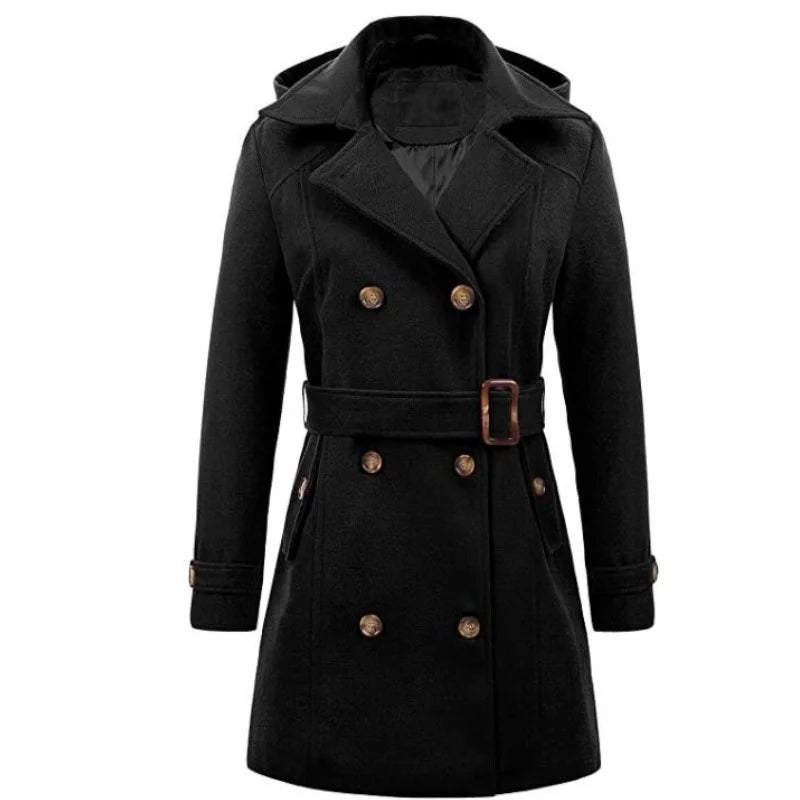 Female Hooded Woman Jackets Mid-length Double-breasted Ladies Overcoats Woolen Lapel Turndown CollarTop Winter Jacket Streetwear