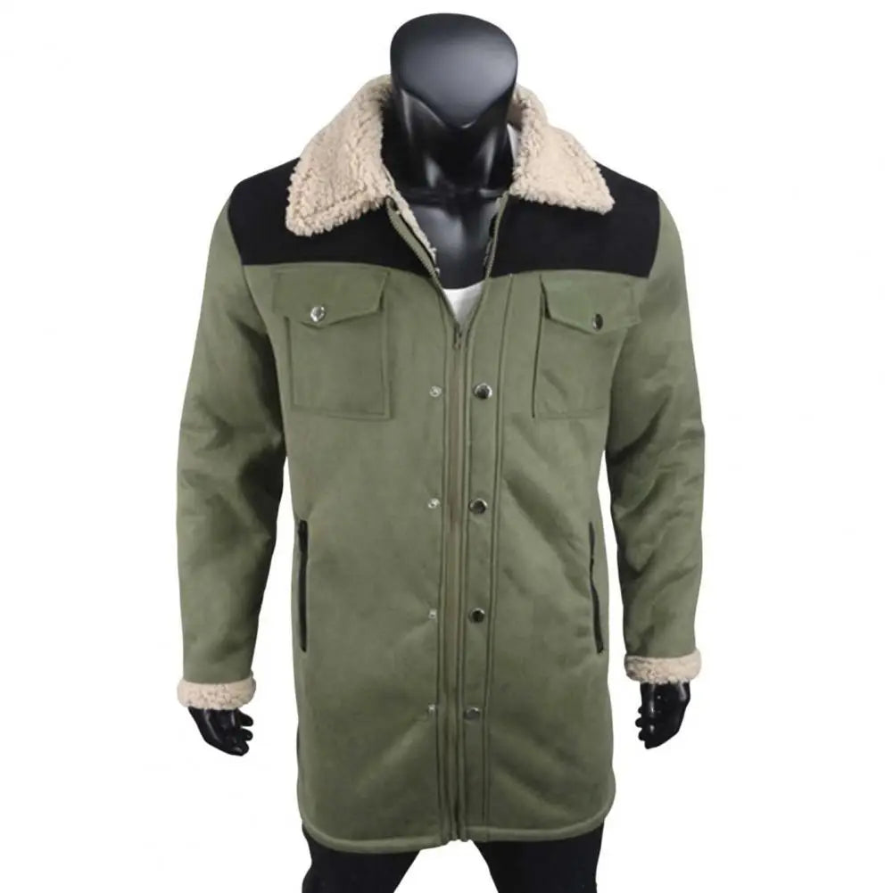 Men Jacket Large Plush Lapel Long Sleeve Vintage Suede Jacket with Pockets Zipper Up Mid-length Motorcycle Coat