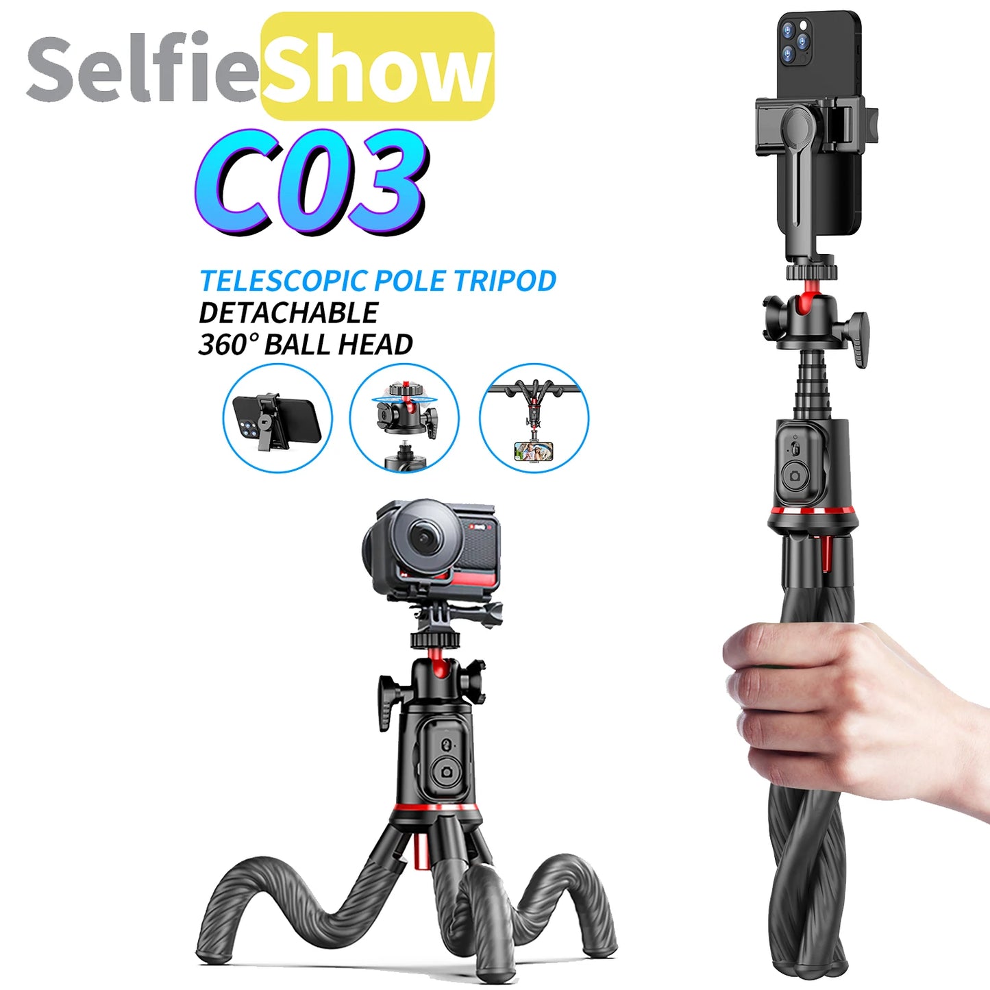 Selfieshow Flexible 360 Ball Head Portable Travel Tripod Cell Phone Stand Clip Selfie Stick Tripe for Live Streaming Vlogging