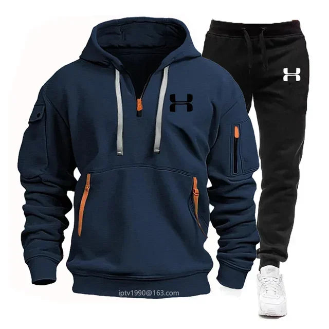 New men's sports suit, outdoor jogging fitness multi-pocket hoodie + pants 2 sets, fashion autumn and winter men's leisure suit