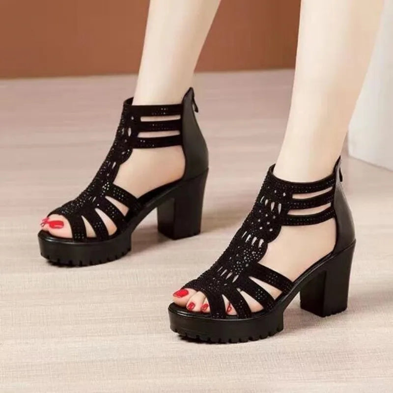 High Heels Gladiator Sandals Woman Open Head Sexy Black Rivet Block Heel Platform Shoes Summer Back Zip Size 35-40 Women Sandals