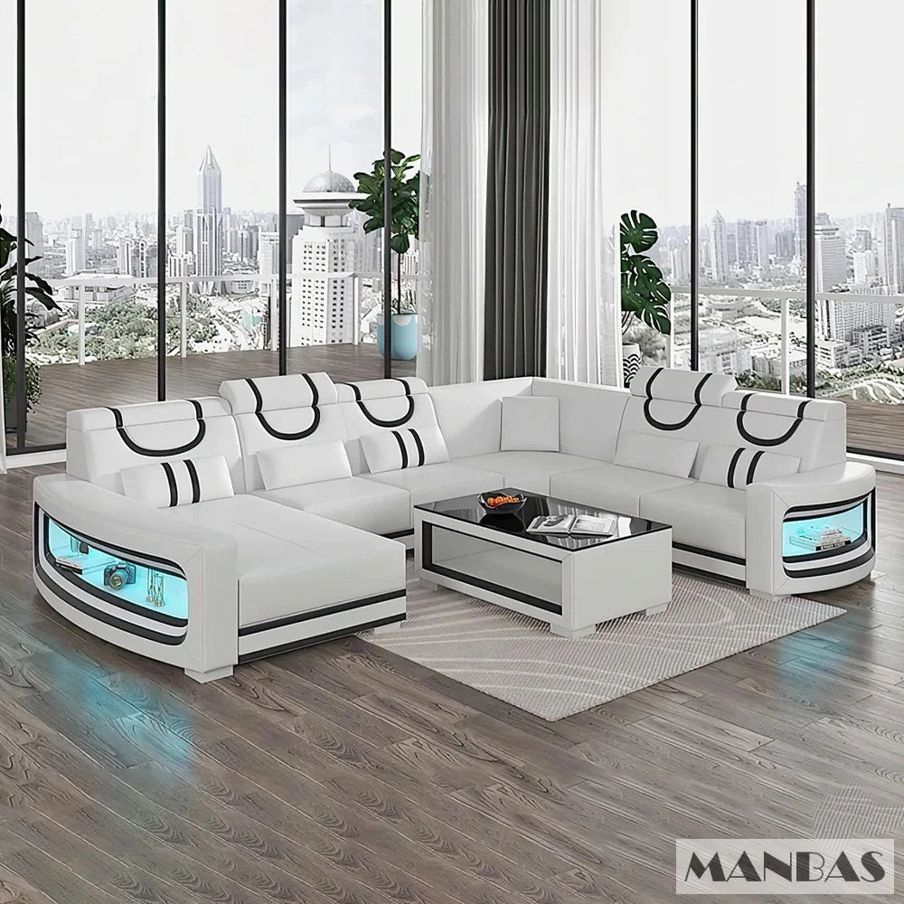 Upgrade Your Living Room with MINGDIBAO Italian Genuine Leather Sofa - 2 Colors Combination, LED Light & Soft Cushions