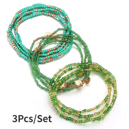 3Pcs/set Boho Colorful Elastic Rice Beads Anklet Waist Chains Beads Bracelets Women Body Belly Chain Summer Beach Bikini Jewelry