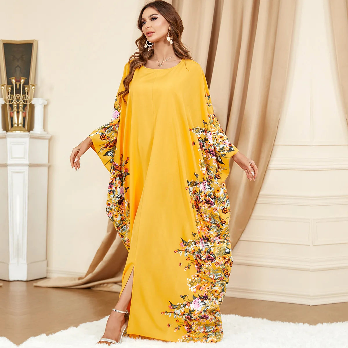 Muslim Abaya Dress Dubai Yellow Bat Sleeve Loose Fashion Plus Size Women Dress Casual Robe Moroccan Caftan Dresses for Women