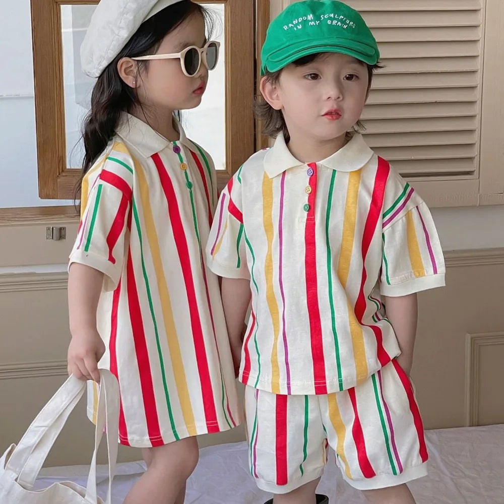 Summer Fashion Brother Sister Outfits Boy Children Loose Striped T-shirt + Shorts 2pcs Girl Baby Cotton Short Sleeve Shirt Dress