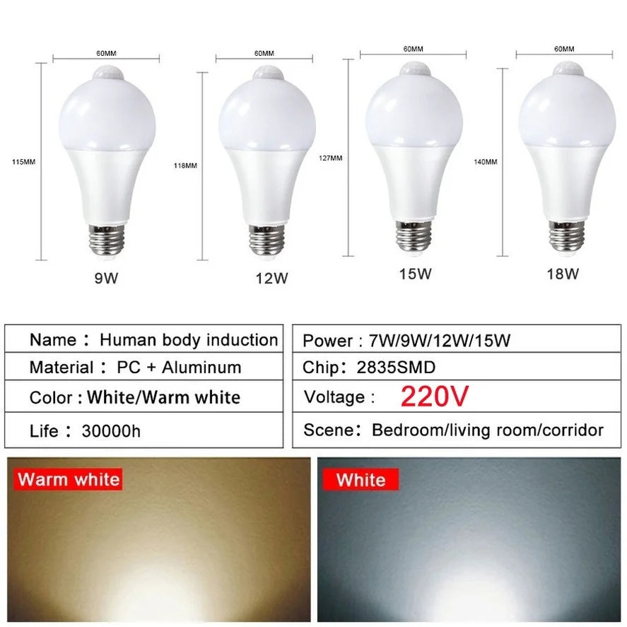 PwwQmm E27 6 PCS/ lot PIR Motion Sensor Lamp 9W 12W 15W 18W 220V LED Bulb with Motion Sensor Infrared Radiation Motion Detector