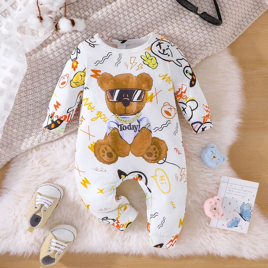 Newborn Baby Unisex Clothes 1 to 24Months Cartoon Cool Bear Tiny Button Onesies For Baby Boy Long Sleeve Infant Romper