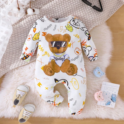 Newborn Baby Unisex Clothes 1 to 24Months Cartoon Cool Bear Tiny Button Onesies For Baby Boy Long Sleeve Infant Romper