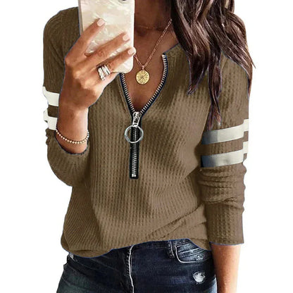 New Spring Fall Stripe Big Zipper Retro Sweater Long Sleeve Sweater Fashion Loose Pullover Womens Winter Sweaters Warm T-shirt