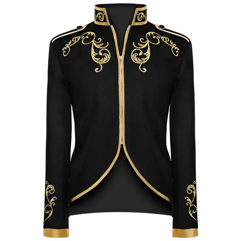 Vintage Men's Victorian Medieval Steampunk Cosplay Costume Jacket Coat Embroidery Zip Up Stand Collar Prince King Blazera Coats