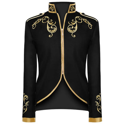 Vintage Men's Victorian Medieval Steampunk Cosplay Costume Jacket Coat Embroidery Zip Up Stand Collar Prince King Blazera Coats