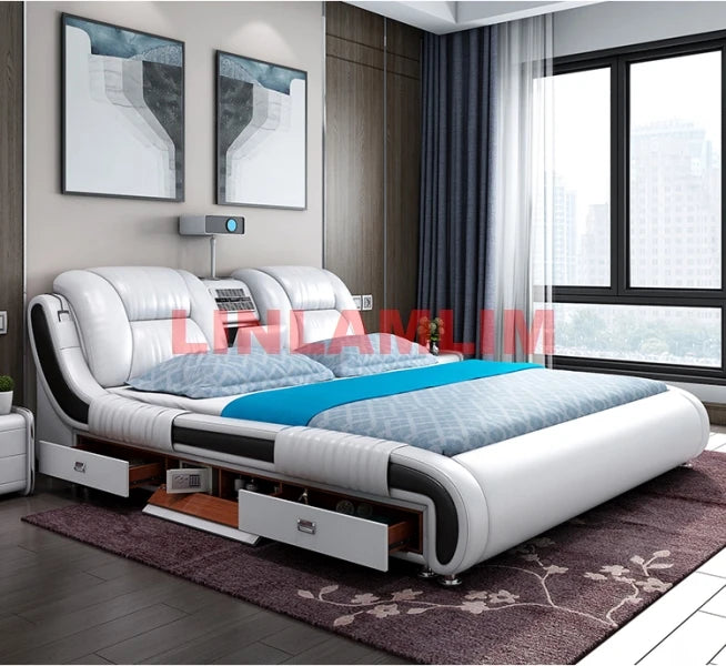 Genuine Leather Bed Multifunctional Beds Ultimate Massage Camas with Bluetooth,Speaker,Safe,Air Cleaner, Projector,Drawers