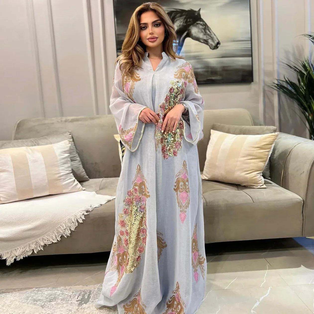 Mesh Sequins Embroidered Abaya Dress for Women Winter 2024 Middle East Arab Oman Dubai Muslim Moroccan Caftan Party Clothes Eid