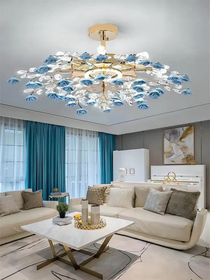 Modern American Luxury Ceramic Flower Crystal Ceiling Light Nordic  Living Room Dining Room Bedroom LED Ceiling Lamp