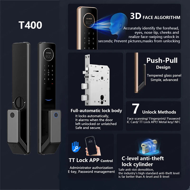 2023 NEW RAYKUBE T400 Full-auto Advanced TT Lock 3D Face Recognition Smart Door Lock Digital Fingerprint Electronic Door Lock