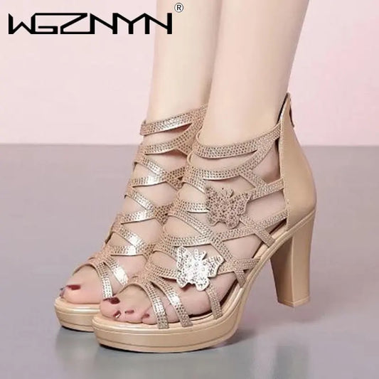 Woman Sandals Women Cyrstal Comfortable Pumps Ladies Fashion High Heels Female Rome Bling Hollow Out Shoes Women's Zip Footwear