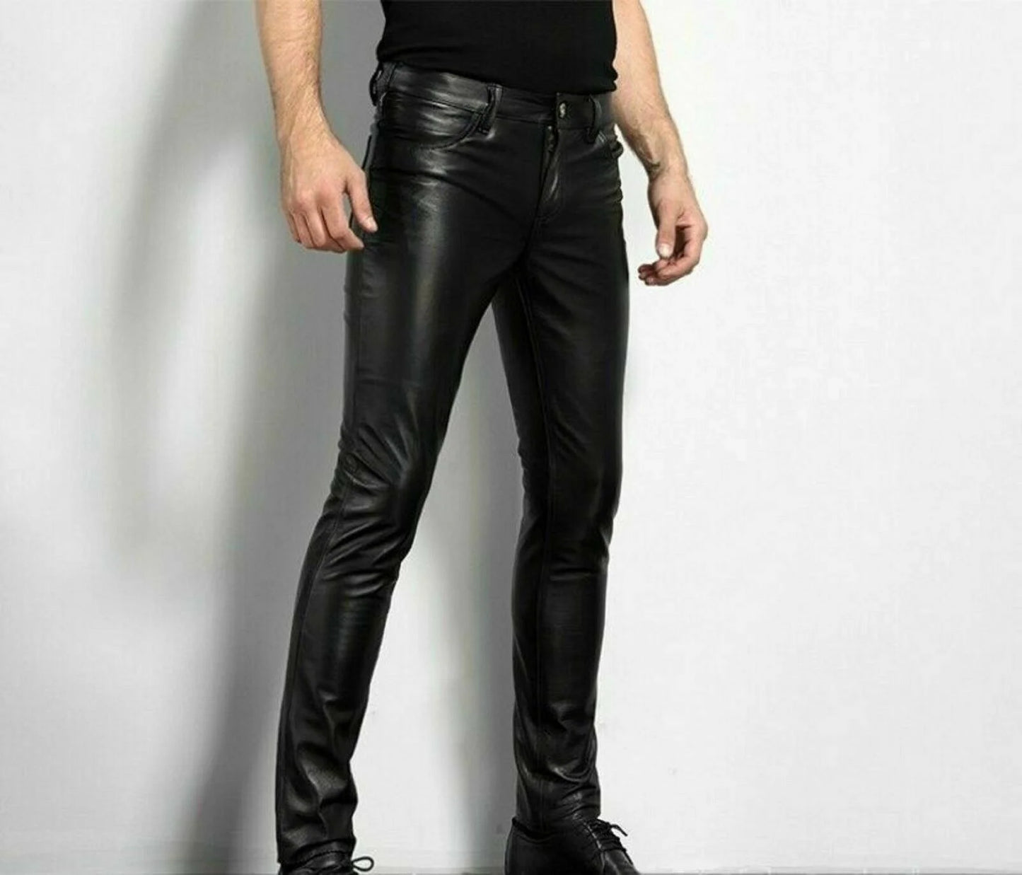 Men's Fashion Rock Style PU Leather Pants Night Club Dance Pants Men's Faux Leather Slim Fit Skinny Motorcycle Trousers