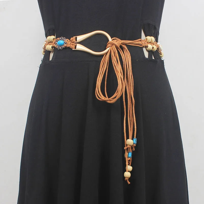 Bohemian Ethnic style Handmade wood bead shell knot belt casual holiday  delicate waist rope women's fashion accessories