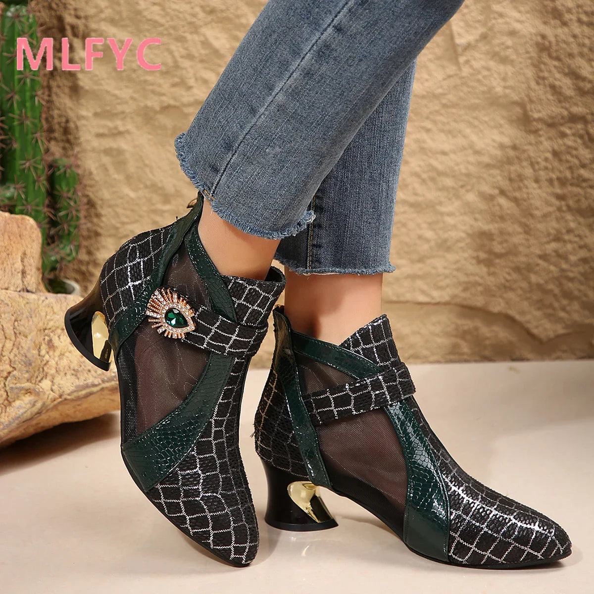 Spring and Summer New High Heel Mesh Boots Hollow Mesh Sandals Thick Heel Fashion Women's Shoes Women's Sandals