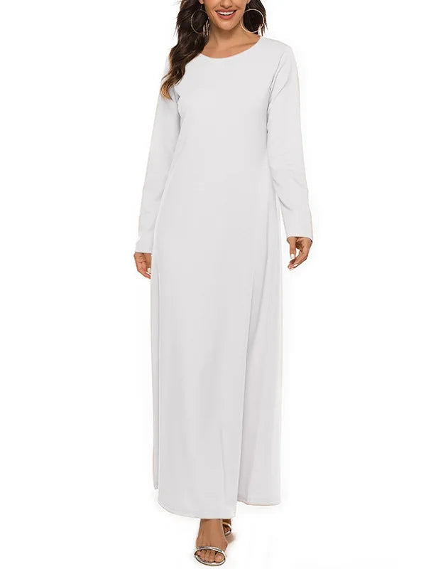 Women's Muslim Worshipwear Basic Long sleeved Laydown Round Neck Dress Middle Eastern Solid Color Robe