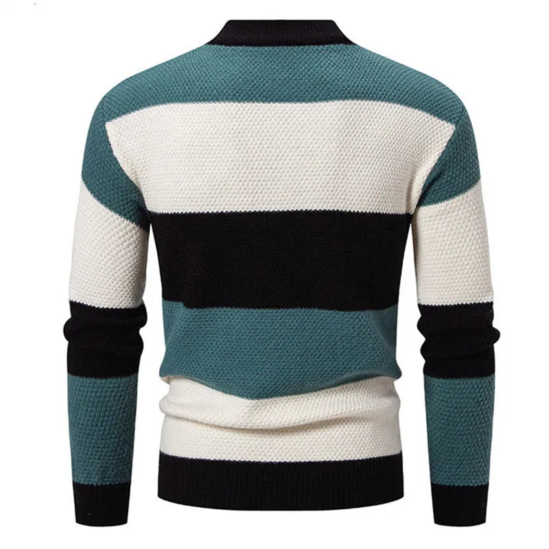 Fashion Patchwork Knitted Sweater Men Autumn Winter Mock Neck Long Sleeve Knit Pullovers Mens Youthful Vitality Casual Sweater