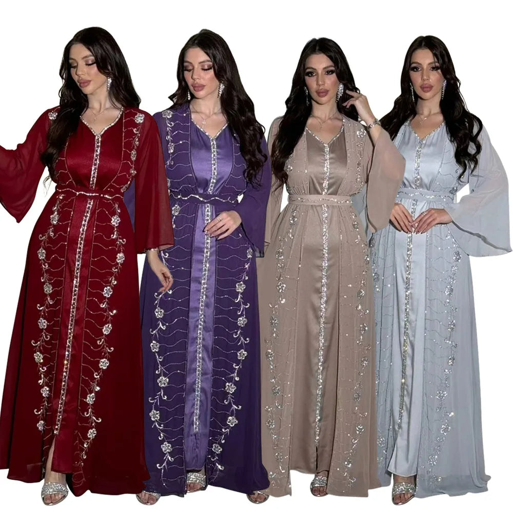 Muslim Middle East Diamonds Jalabiya Women 2 Pieces Dress Set Dubai Turkey Kaftan Abaya Marocain Robe Arabic Djellaba Eid Gown