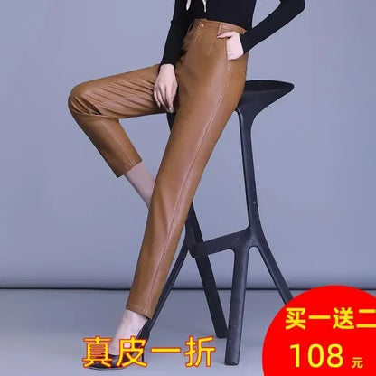 Genuine Leather Pants Women's Sheepskin Ankle-Tied Harem  Autumn and Winter New Casual Pants Elastic High Waist Pants