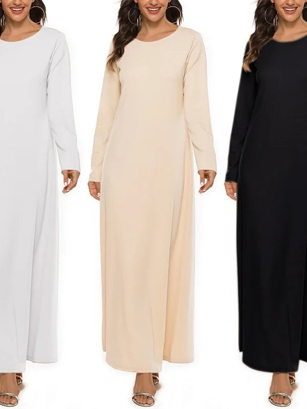 Women's Muslim Worshipwear Basic Long sleeved Laydown Round Neck Dress Middle Eastern Solid Color Robe