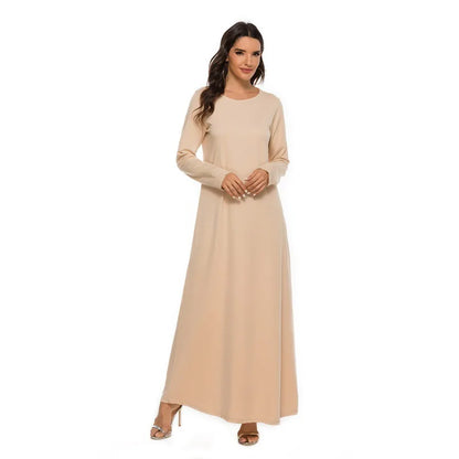 Women's Muslim Worshipwear Basic Long sleeved Laydown Round Neck Dress Middle Eastern Solid Color Robe