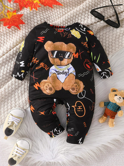 Newborn Baby Unisex Clothes 1 to 24Months Cartoon Cool Bear Tiny Button Onesies For Baby Boy Long Sleeve Infant Romper