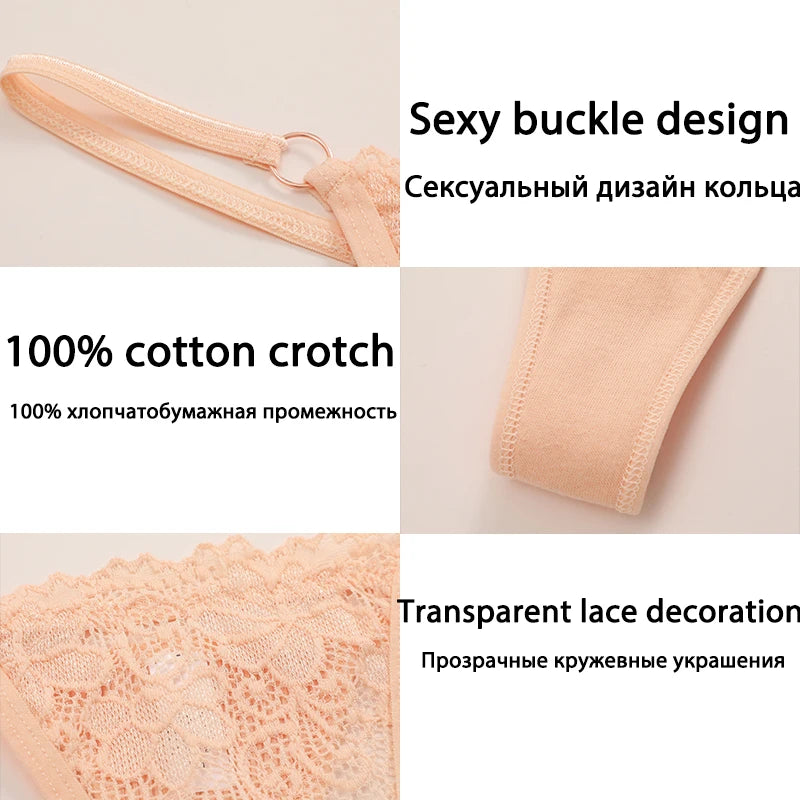 3Pcs Lace Low Waisted G-String For Women American Lace Lady Sexy Cotton T-back Breathable Thong Thin Strap Metal Buckle Thong