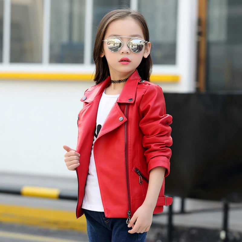 2-12 years old Girls faux leather Jacket Children PU Coat Long Sleeve Zip Belt Locomotive Jacket Stylish Teen Kids Boys Jackets