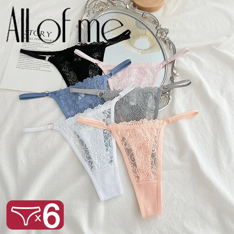 6PCS Sexy Lace G-thong Cotton Thong Metal Button Low Waist Women Thongs Sexy T-back Ladies Bikini Underwear G-String Lingeries