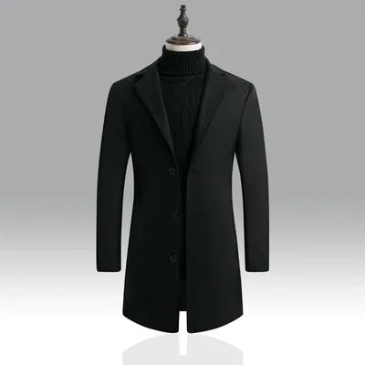 Autumn and Winter Fashion Men's Wool Blend Long Cotton Coat Men's Solid Color Casual Senior Slim Fit Single Breasted Trench Coat