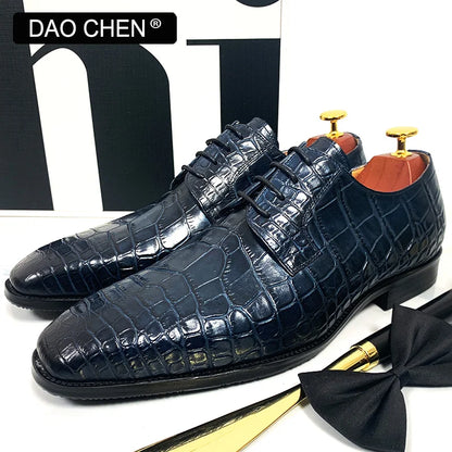 DAOCHEN ITALIAN MEN LEATHER SHOES BLUE BLACK CROCODILE PRINT LACE UP CASUAL DRESS MAN SHOE OFFICE WEDDING SHOES FOR MEN