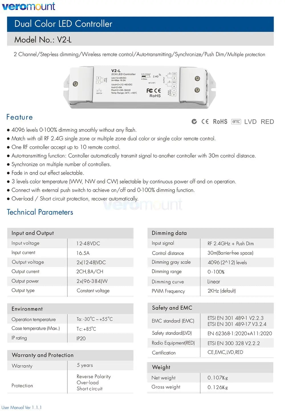 Skydance V2-L LED Dimmer Switch CCT 12V 24V 36V RF Wireless 2.4G Remote Smart 2CH WW CW LED Controller for Dual Color LED Strip