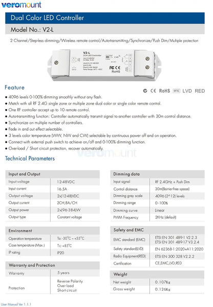 Skydance V2-L LED Dimmer Switch CCT 12V 24V 36V RF Wireless 2.4G Remote Smart 2CH WW CW LED Controller for Dual Color LED Strip