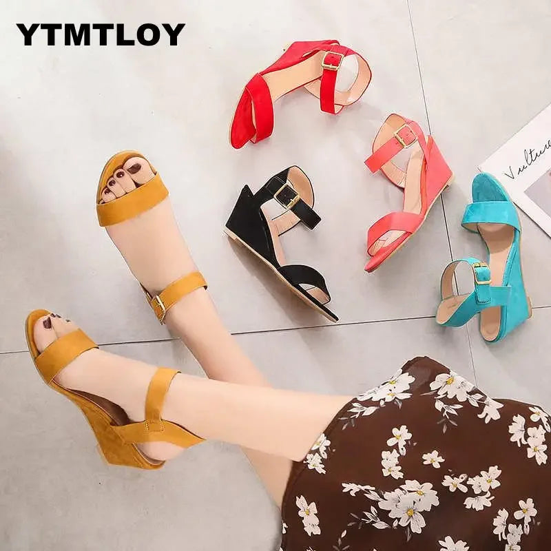 2024 New Summer Women's Sandals Fashion Buckle Shoes Open Toe Wedge Casual Shoes Women Plus Size 43 Candy Color Sandals Women